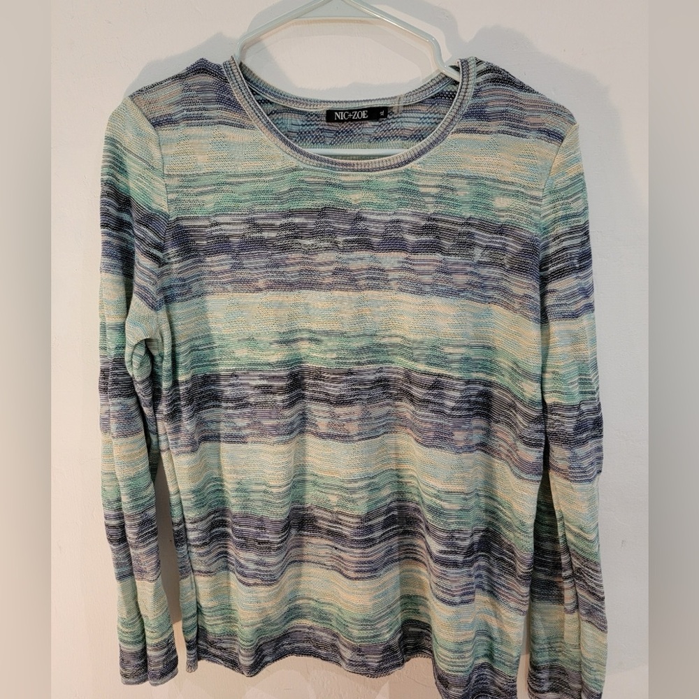 NIC+ZOE Women's Blue and Green Striped Long Sleeve Top